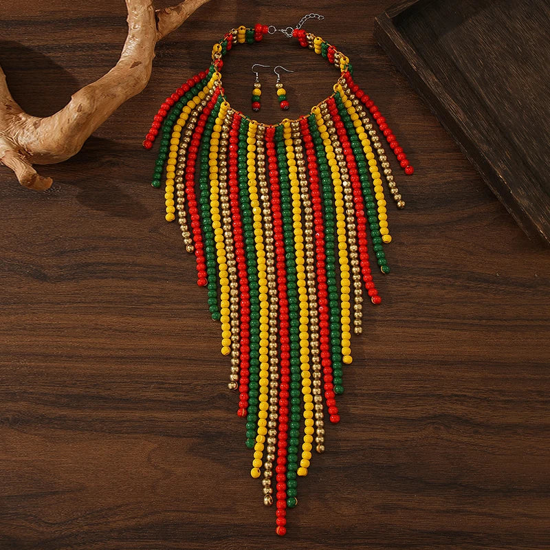 African Wood Beads Multi-layer Tassel Necklace and Earrings