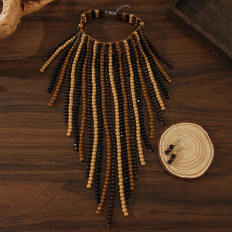 African Wood Beads Multi-layer Tassel Necklace and Earrings