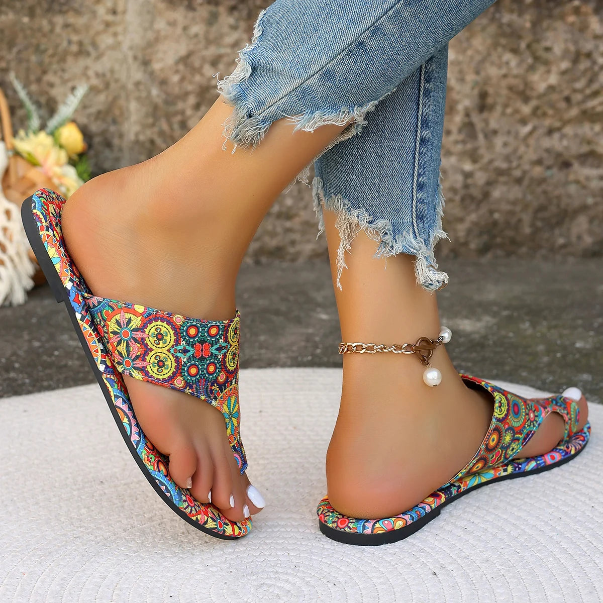 Flower Pattern Sandals for Women- Casual Lightweight Shoes Flip Flops