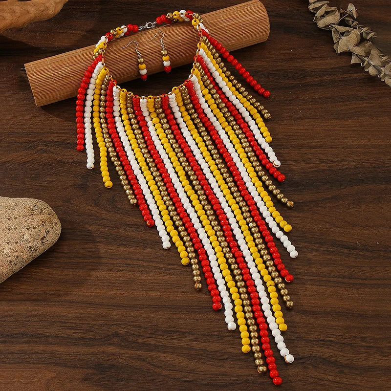 African Wood Beads Multi-layer Tassel Necklace and Earrings