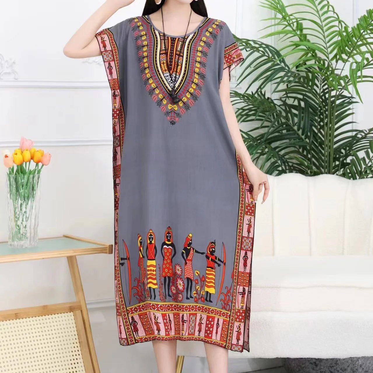 Ethnic Style Women's Print Dress Batwing Sleeves_One Maternity Size