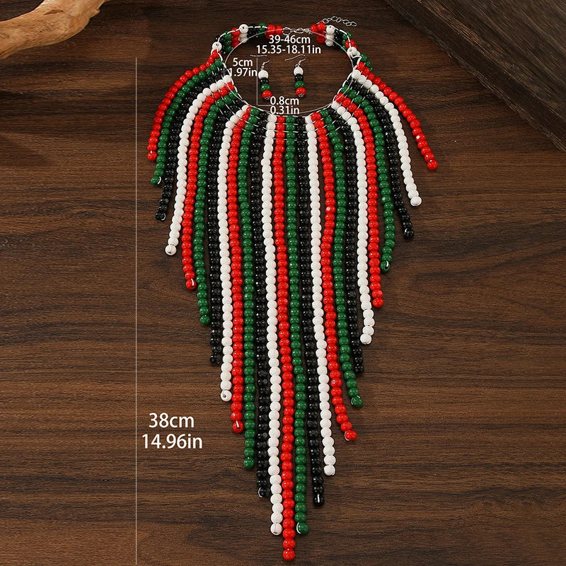 African Wood Beads Multi-layer Tassel Necklace and Earrings