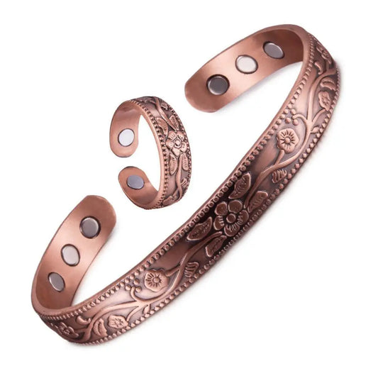 Magnetic Bracelet Retro Flower Ring Bracelet Set Adjustable for Men and Women