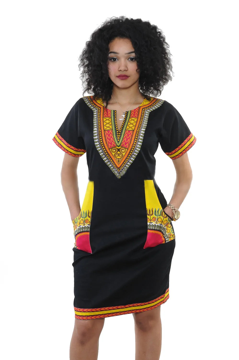 Fashion Style African Women Short Sleeve V-neck Polyester Knee-length Dress