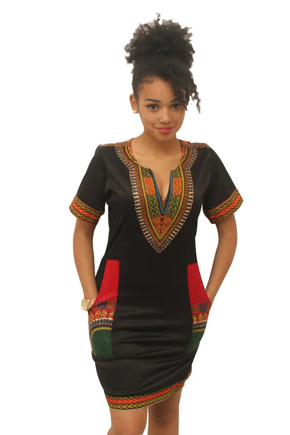 Fashion Style African Women Short Sleeve V-neck Polyester Knee-length Dress