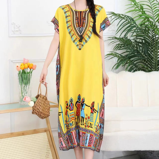 Ethnic Style Women's Print Dress Batwing Sleeves_Yellow_One Maternity Size