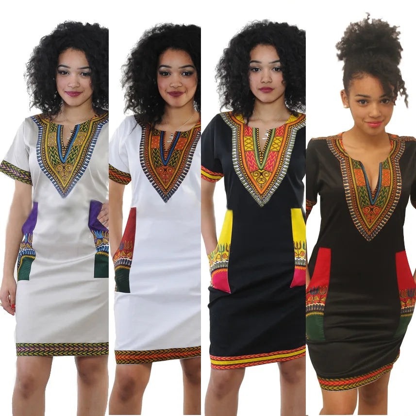 Fashion Style African Women Short Sleeve V-neck Polyester Knee-length Dress