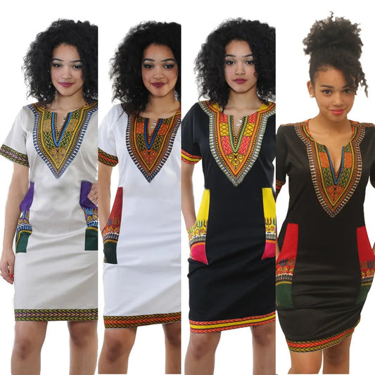 Fashion Style African Women Short Sleeve V-neck Polyester Knee-length Dress