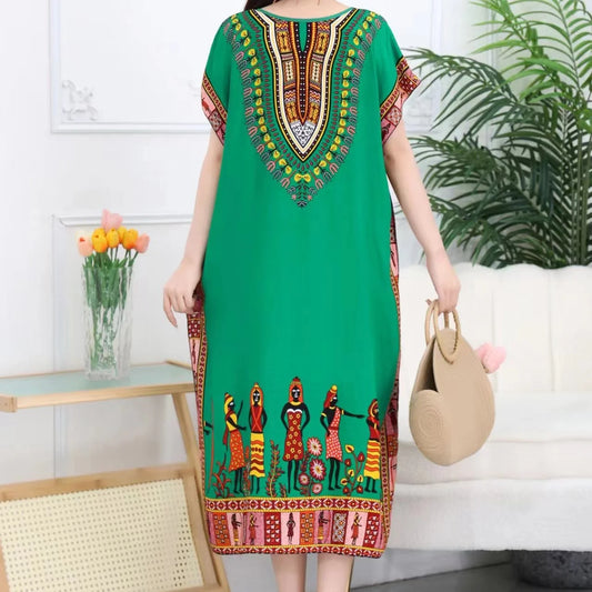 Retro Ethnic Style Women's Print Dress Batwing Sleeves _Green_ One Maternity Size