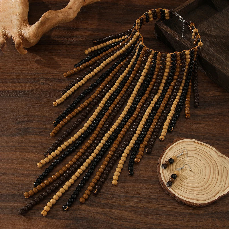 African Wood Beads Multi-layer Tassel Necklace and Earrings