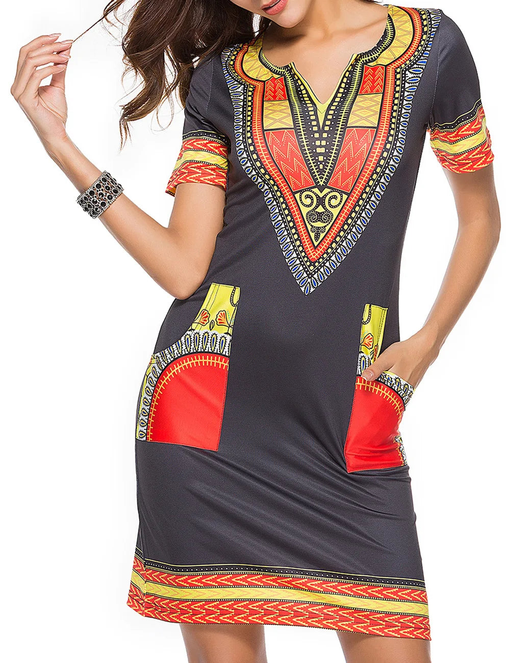 Fashion Style African Women Short Sleeve V-neck Polyester Knee-length Dress