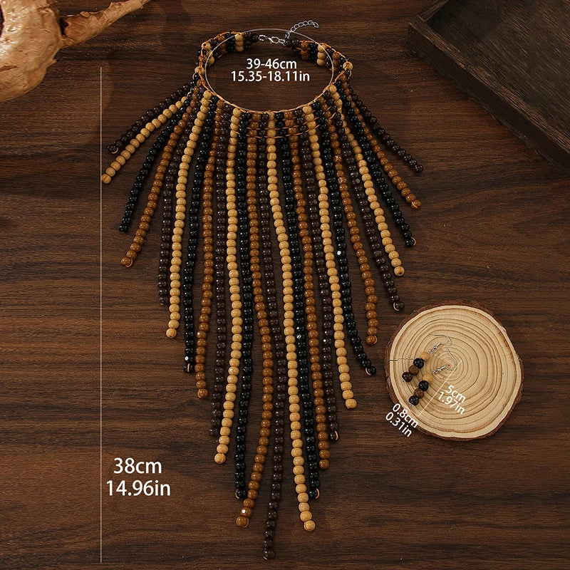 African Wood Beads Multi-layer Tassel Necklace and Earrings