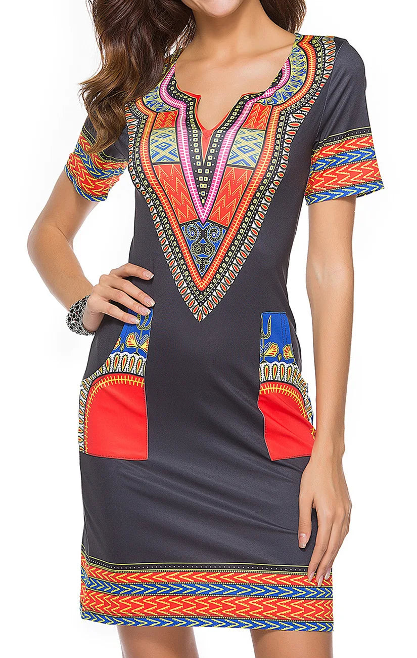 Fashion Style African Women Short Sleeve V-neck Polyester Knee-length Dress