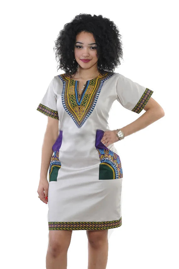 Fashion Style African Women Short Sleeve V-neck Polyester Knee-length Dress