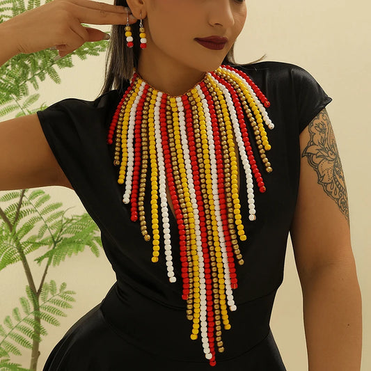 African Wood Beads Multi-layer Tassel Necklace and Earrings