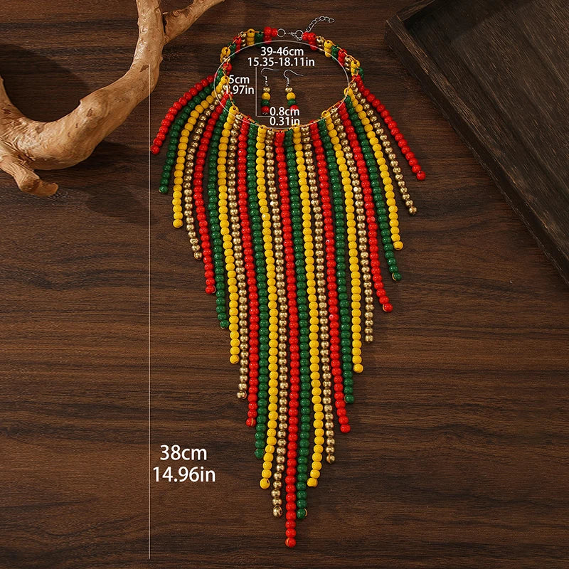 African Wood Beads Multi-layer Tassel Necklace and Earrings