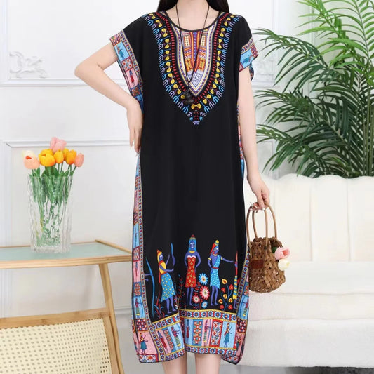Retro Ethnic Style Women's Print Dress Batwing Sleeves_Black_One Maturity Size