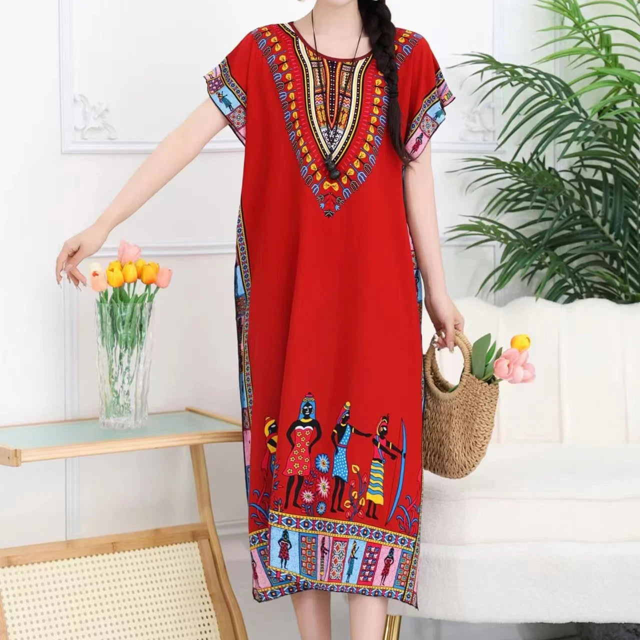 Women's Holiday Dress Batwing Short Sleeve Straight Dress Sweet Lady's Mid-Dress