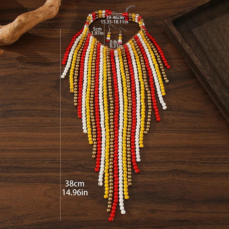 African Wood Beads Multi-layer Tassel Necklace and Earrings