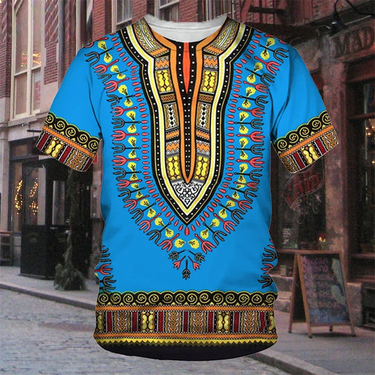 African Traditional Dress Stripe Pirnt T-Shirt Casual Streetwear for Men and Women