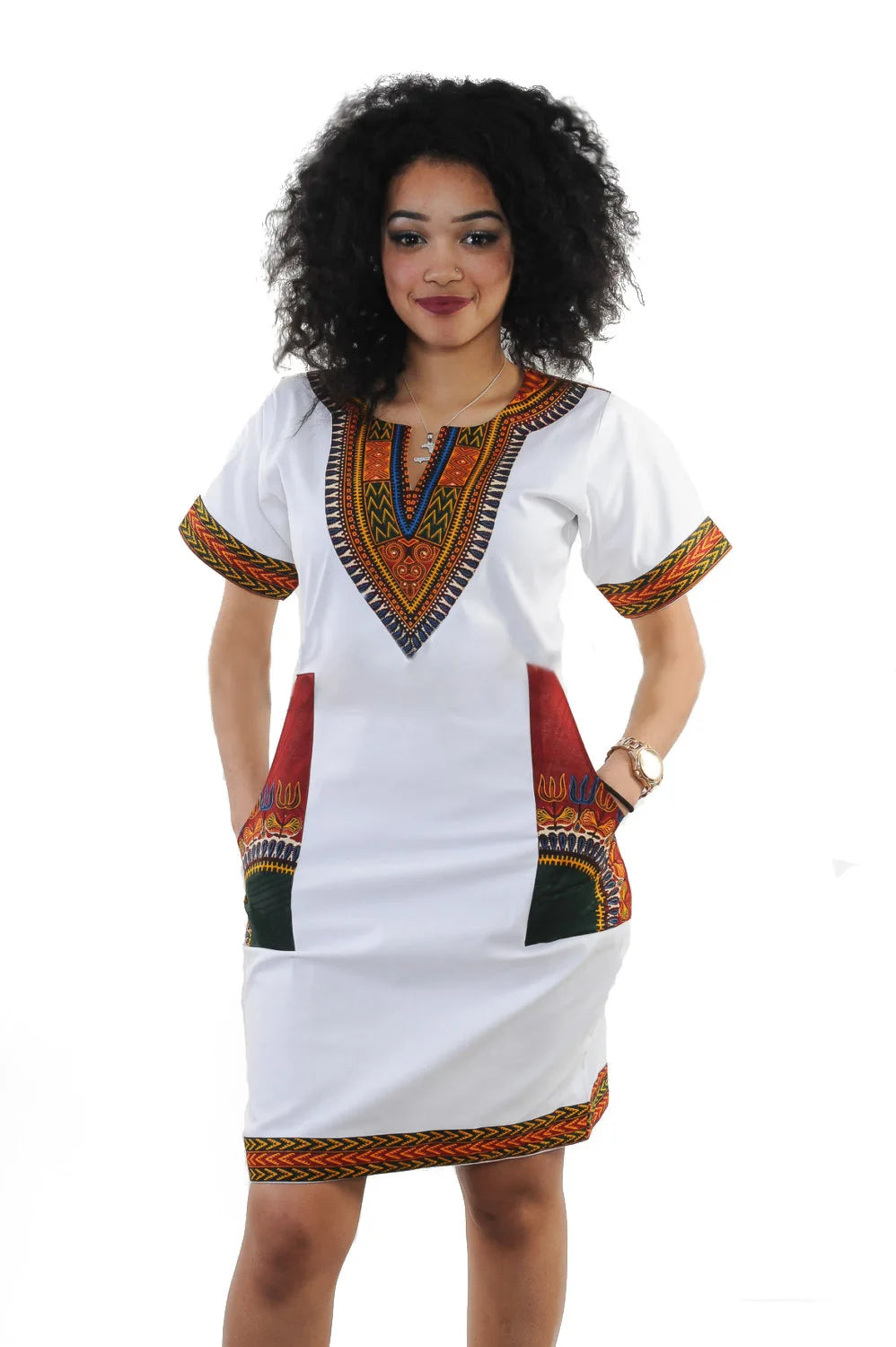 Fashion Style African Women Short Sleeve V-neck Polyester Knee-length Dress